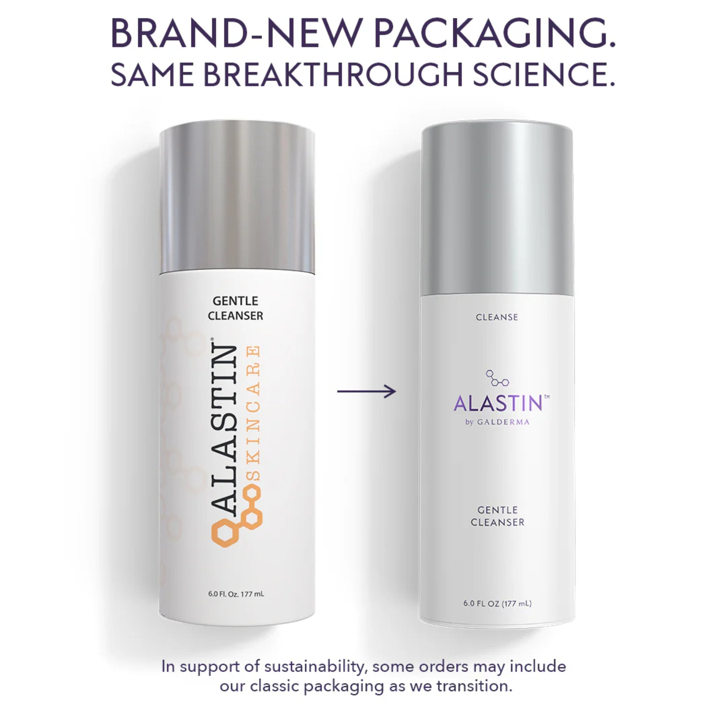 Gentle Cleanser bottle pair with new packaging and arrow, 6 oz