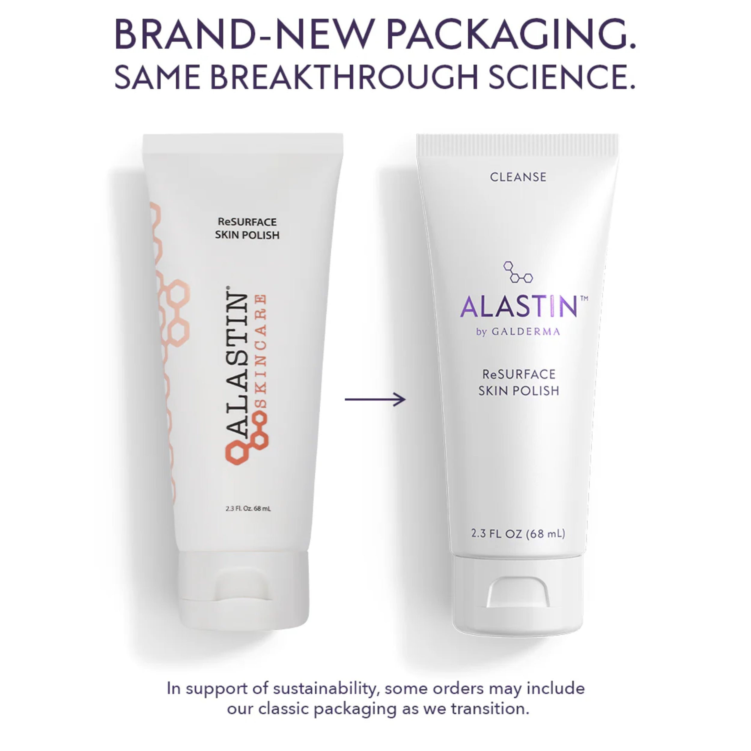 ALASTIN ReSURFACE Skin Polish tubes shown in packaging before and after