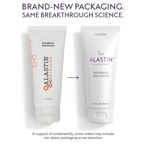 ALASTIN ReSURFACE Skin Polish tubes shown in packaging before and after