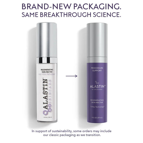 Alastin skin nectar bottles, silver caps with white and purple labels