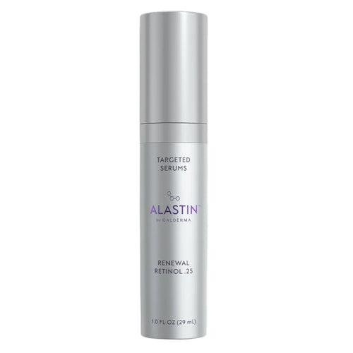 Alastin Renewal Retinol 0.25 targeted serum bottle, metallic silver canister