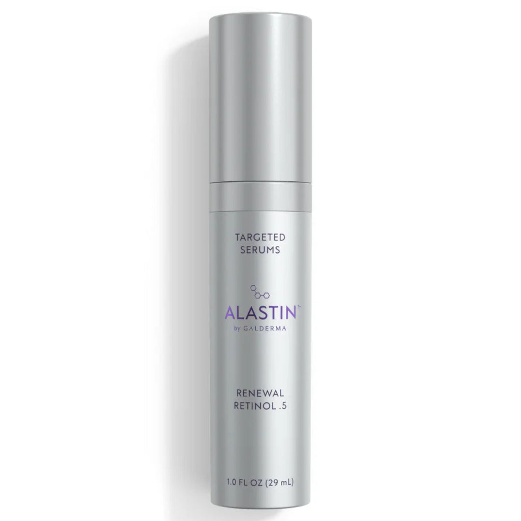 Alastin Renewal Retinol 0.5 targeted serum bottle, metallic silver canister