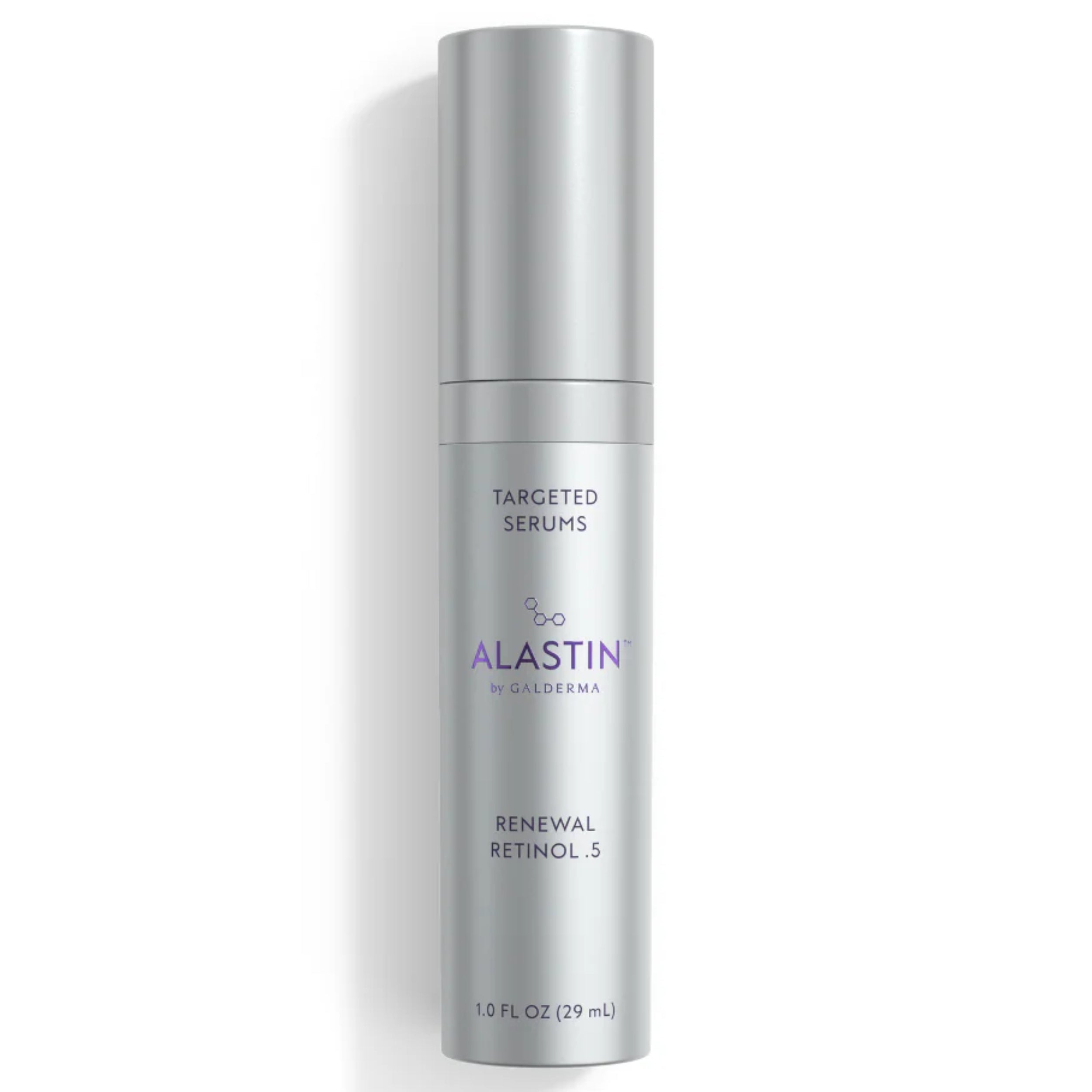 Alastin Renewal Retinol 0.5 targeted serum bottle, metallic silver canister