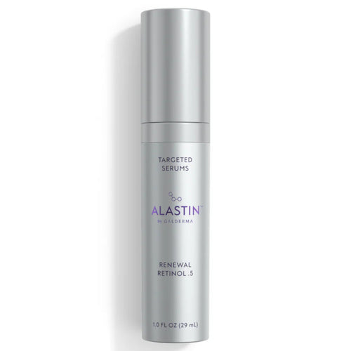 Alastin Renewal Retinol 0.5 targeted serum bottle, metallic silver canister