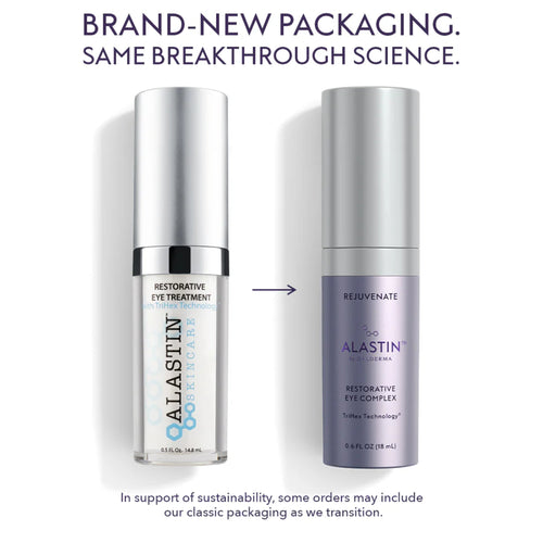 Alastin eye treatment bottles, new and classic packaging side by side