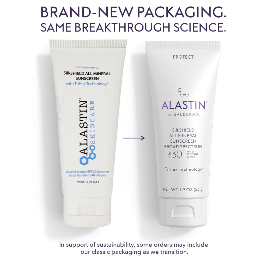 Alastin mineral sunscreen tube, brand-new and classic packaging shown side by side
