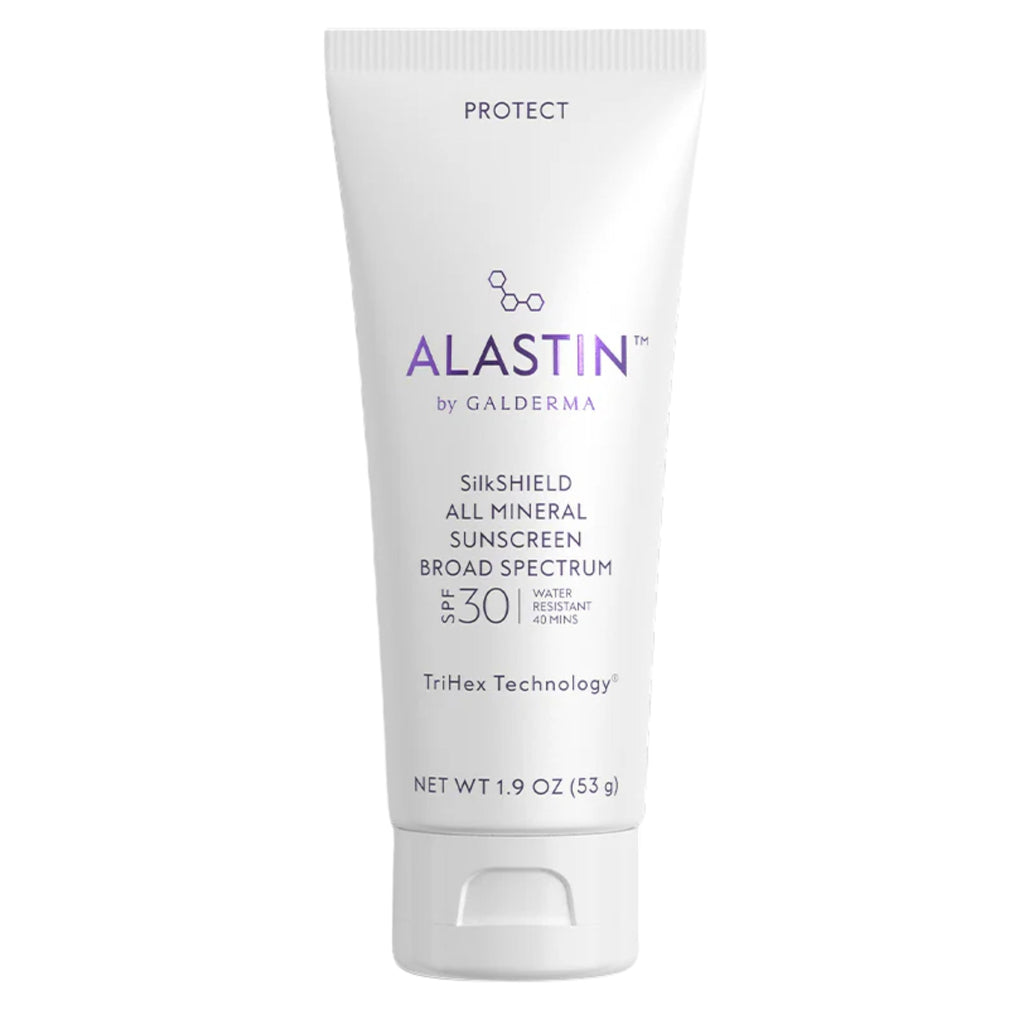 Mineral sunscreen tube with white cap, Alastin branding and SPF 30 on label