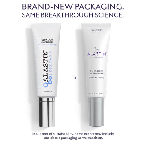 Moisturizer tube shown in classic and new packaging with silver cap