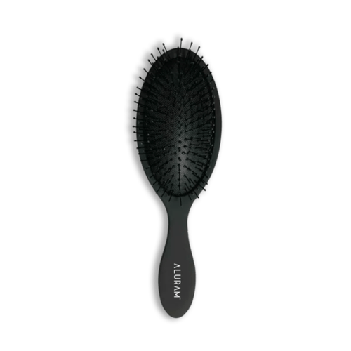 Detangling hair brush with oval black cushion, long pins, and black ergonomic handle