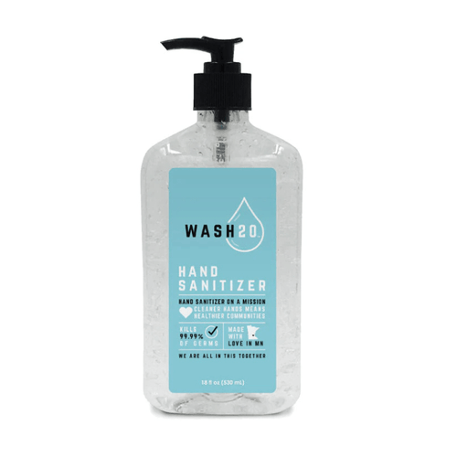 Hand sanitizer bottle with black pump, clear bottle and turquoise Wash20 label, 18 fl oz