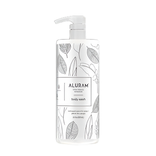 ALURAM body wash bottle with pump dispenser and leaf-pattern label
