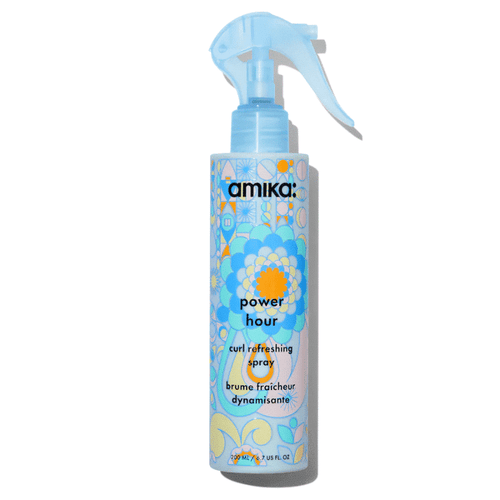 Amika Power Hour curl refreshing spray bottle with trigger pump, blue label