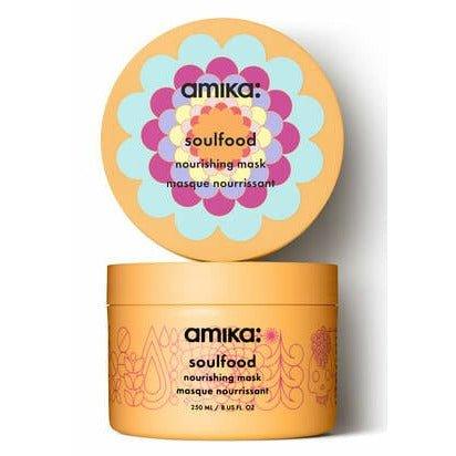 Amika Soulfood nourishing mask jar with lid disc, gold container, floral logo
