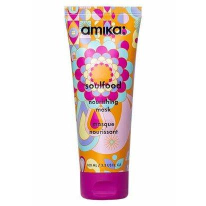 Amika Soulfood nourishing mask tube, colorful floral design, purple cap, 3.4 oz