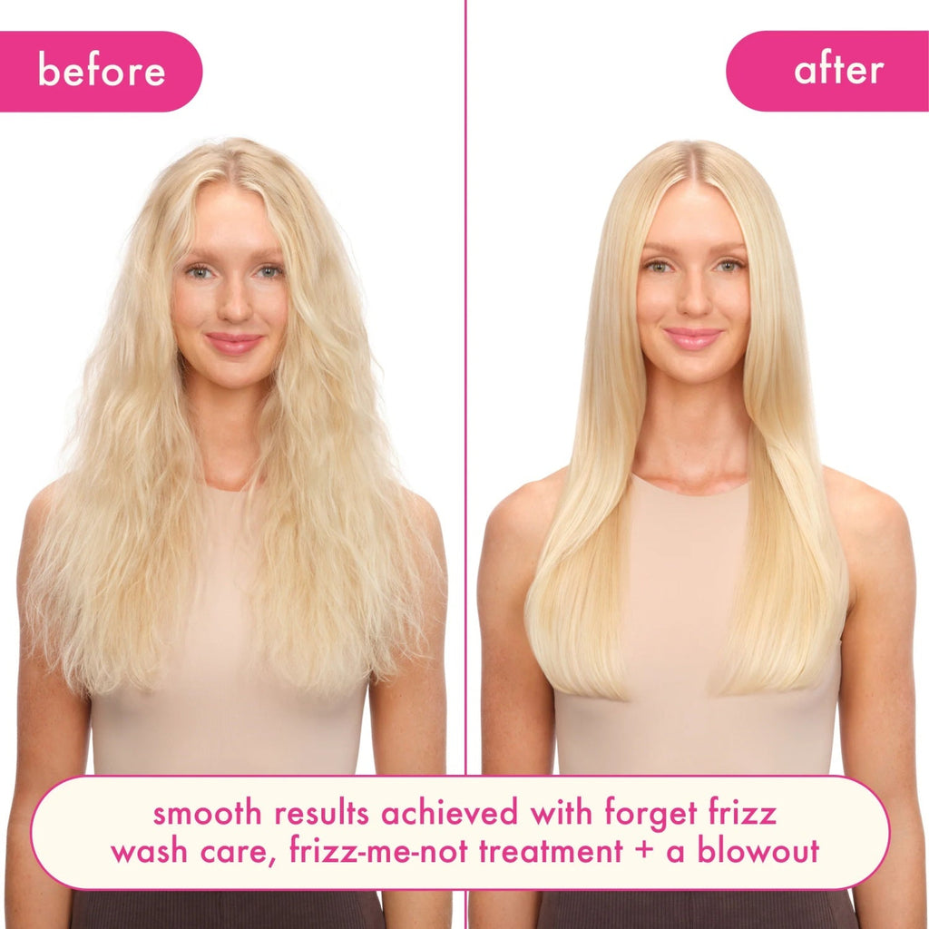 Blonde model with frizzy hair on left and smooth hair on right, before/after