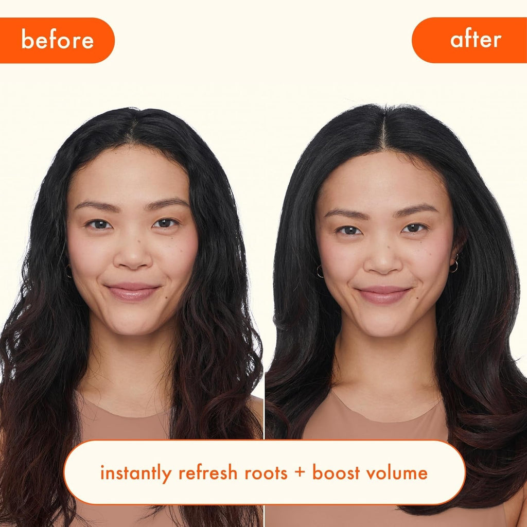 Two portraits with long dark hair, showing refreshed roots and boosted volume