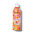 Talc-free dry shampoo bottle with colorful orange floral design and pump