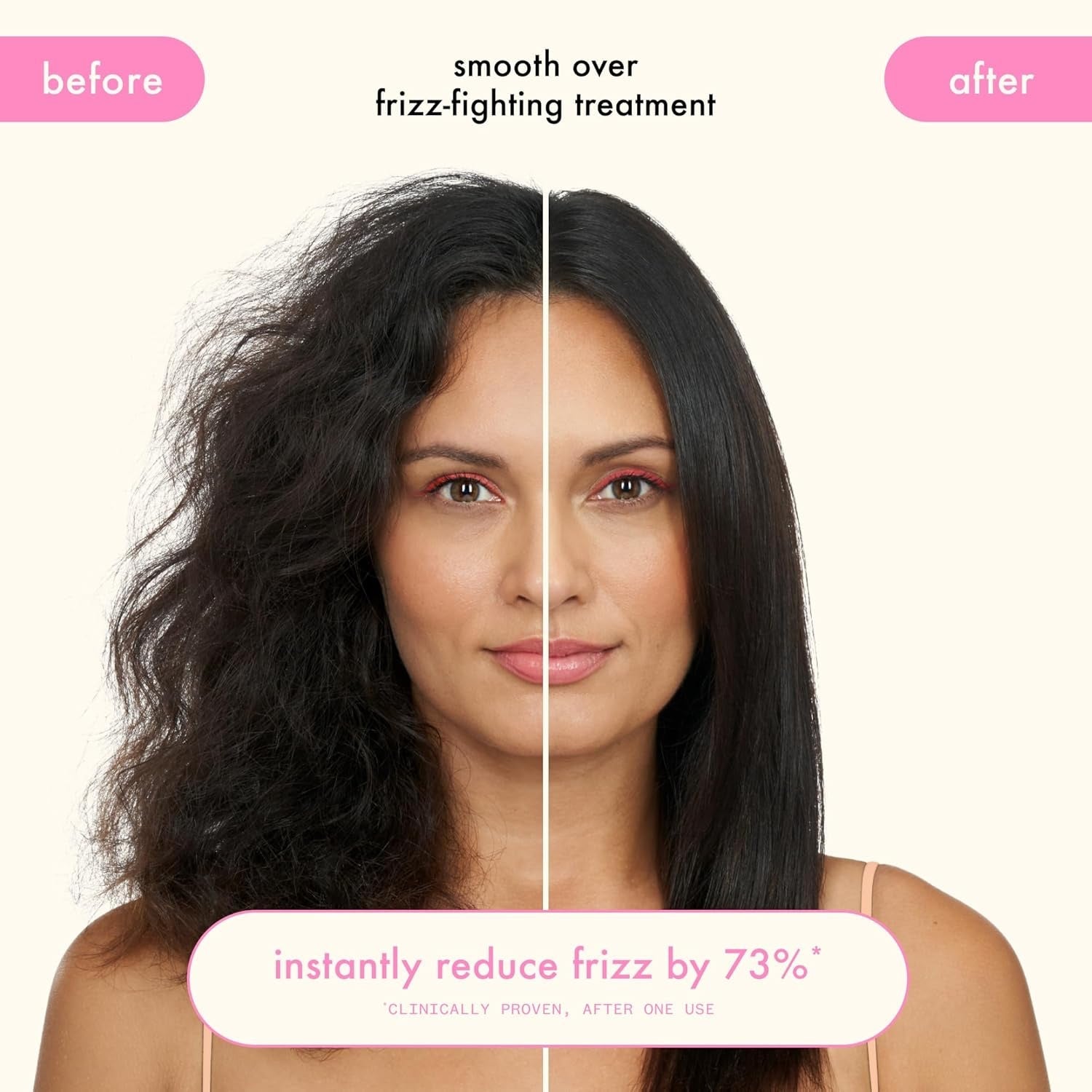 Frizz-fighting treatment mask effect on dark hair, before-and-after split