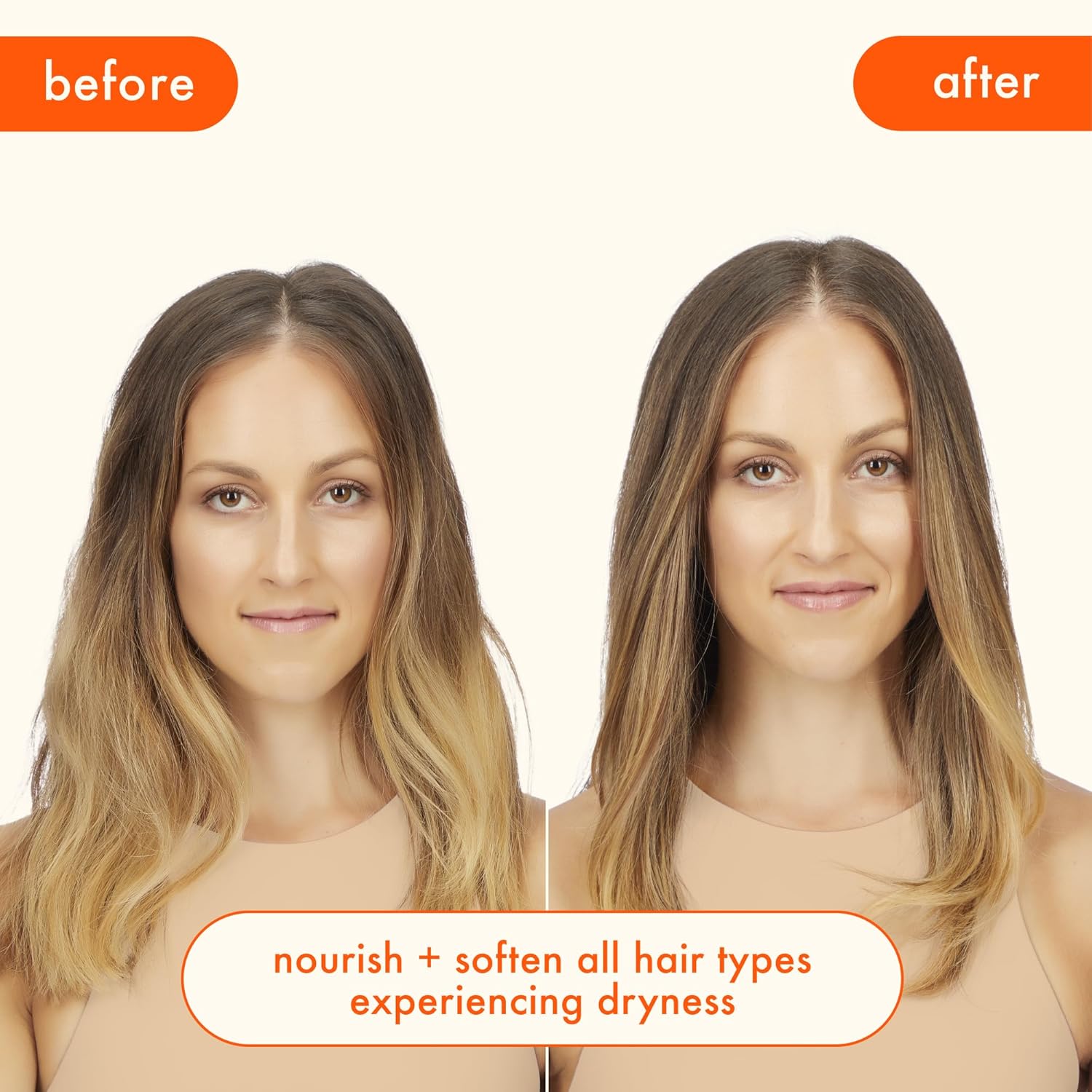 Two women with long hair, before-and-after softer, nourished strands