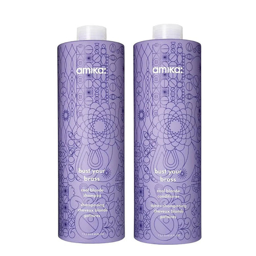 Amika shampoo pair, purple bottles with floral graphics and bust your brass text