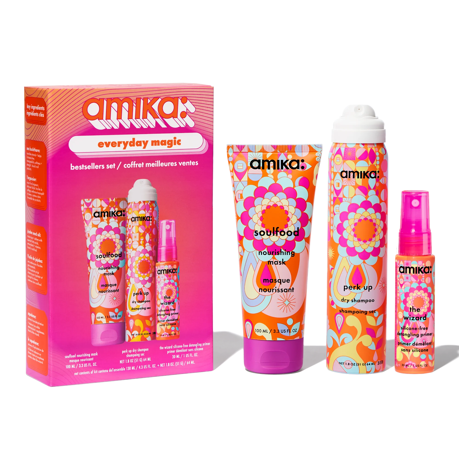 Amika Everyday Magic set: shampoo bottle, conditioner bottle, and pink hair oil