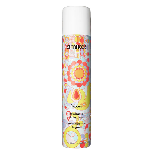Amika Fluxus hairspray bottle with colorful floral label, 8 oz