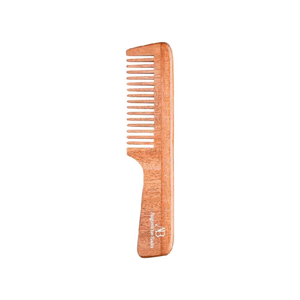 Wooden comb with fine teeth and curved end, embossed logo