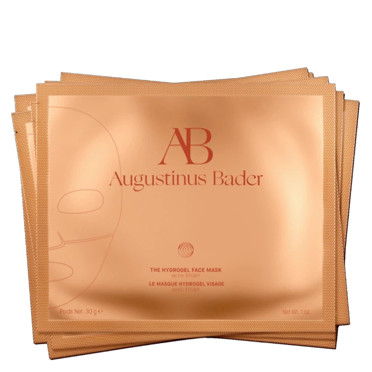Augustinus Bader hydrogel face mask sachets, amber-gold foil packets with AB logo