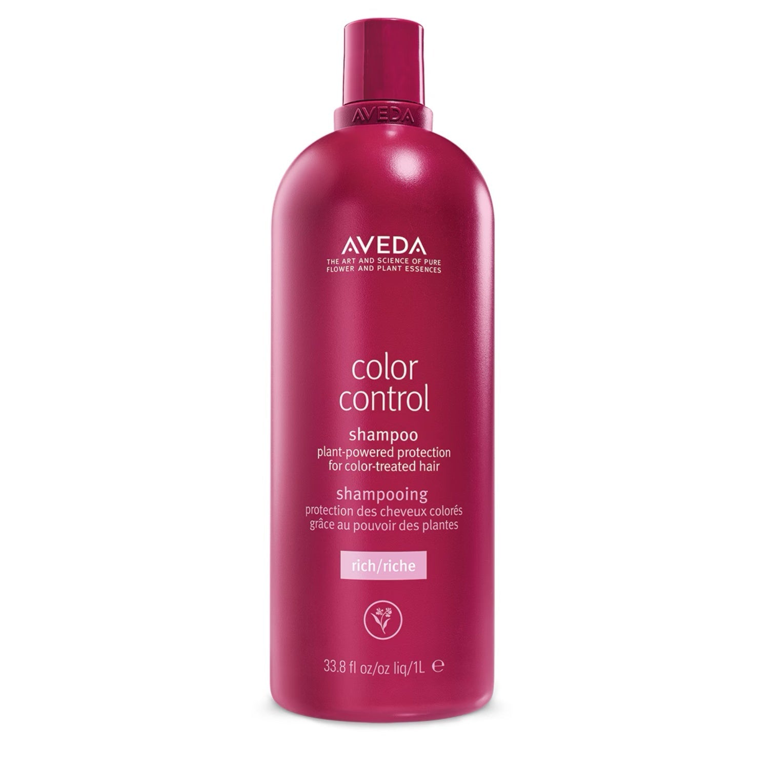 Aveda Color Control shampoo bottle, pink cap, 33.8 fl oz (1 L), front view