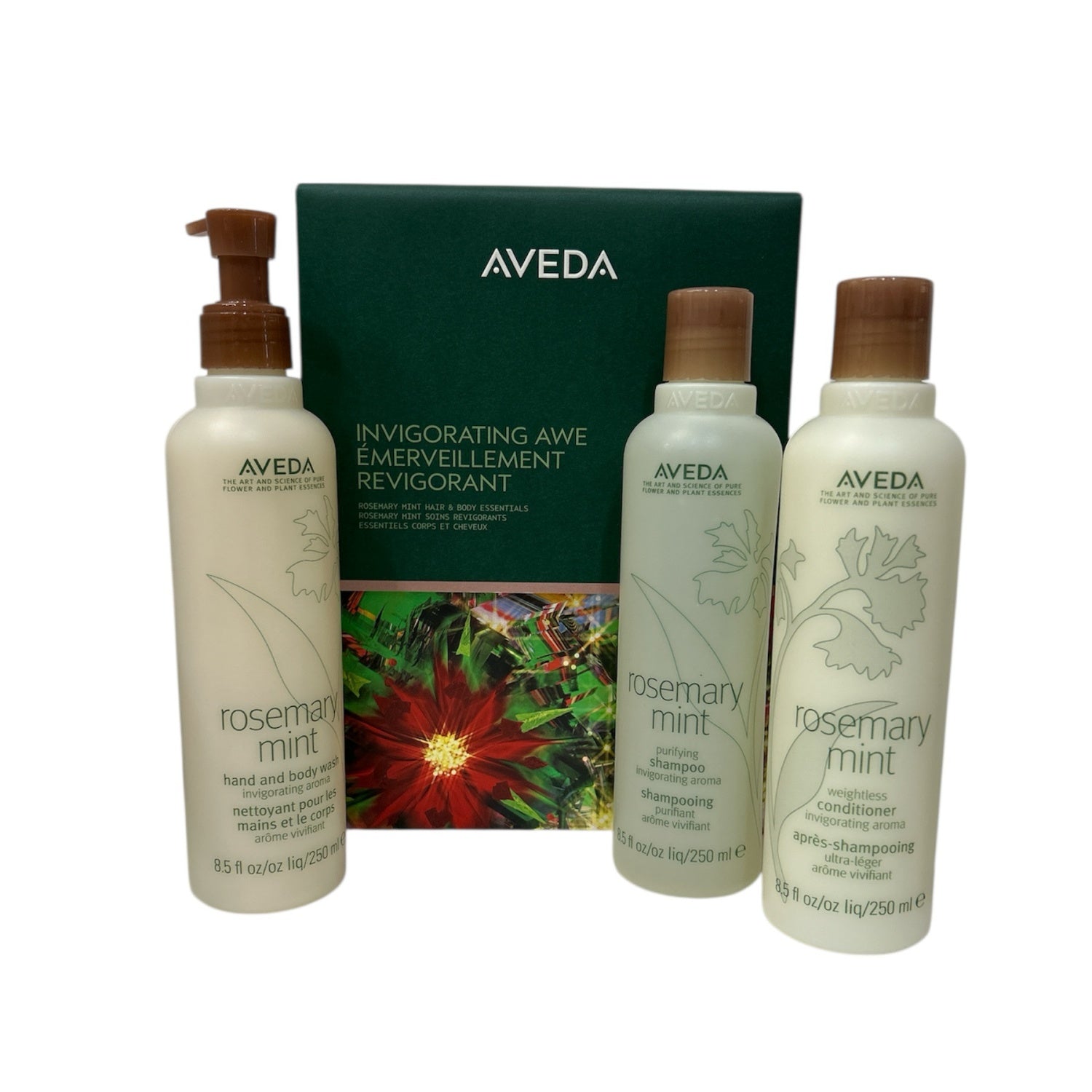 Aveda rosemary mint hair & body gift set with green box and labeled bottles