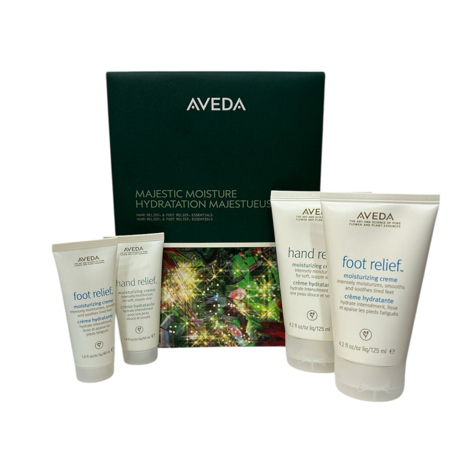 Aveda hand and foot relief gift set with tubes and dark green presentation box