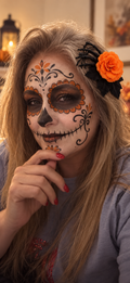 Halloween skeleton hand hair accessory with black fingers and orange rose flower