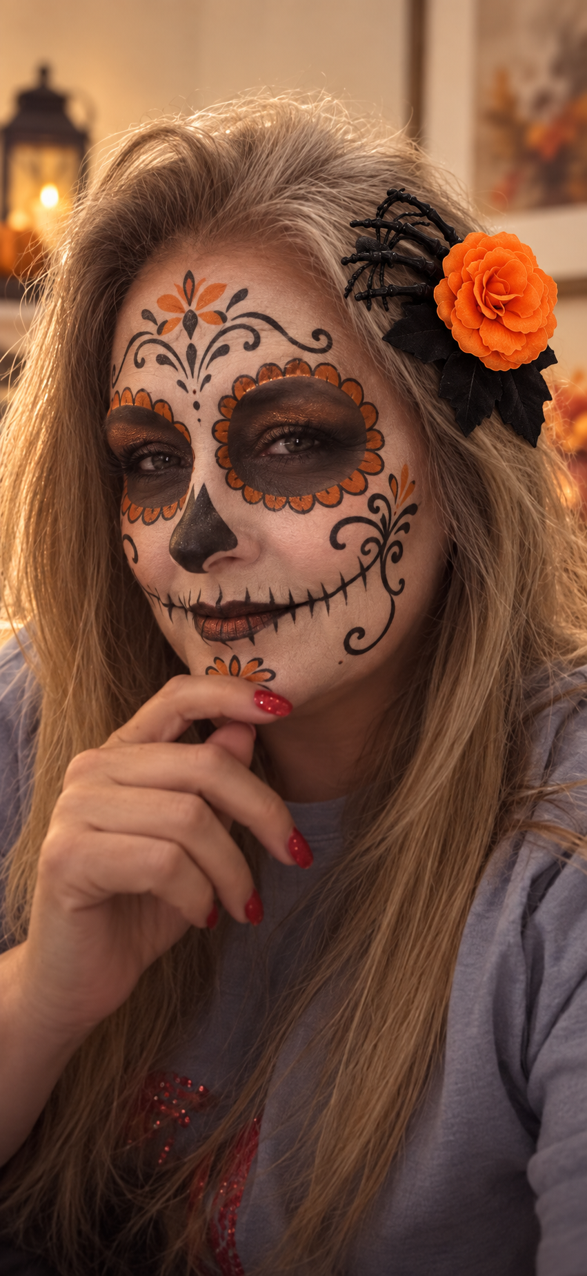 Halloween skeleton hand hair accessory with black fingers and orange rose flower
