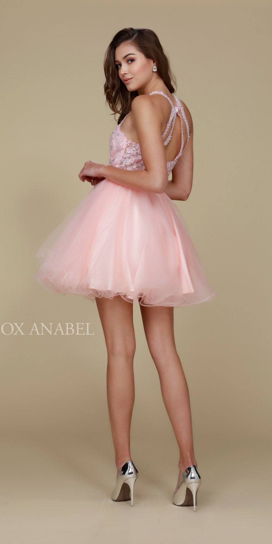 Blush short halter tulle A-line dress with beaded lace bodice and layered skirt