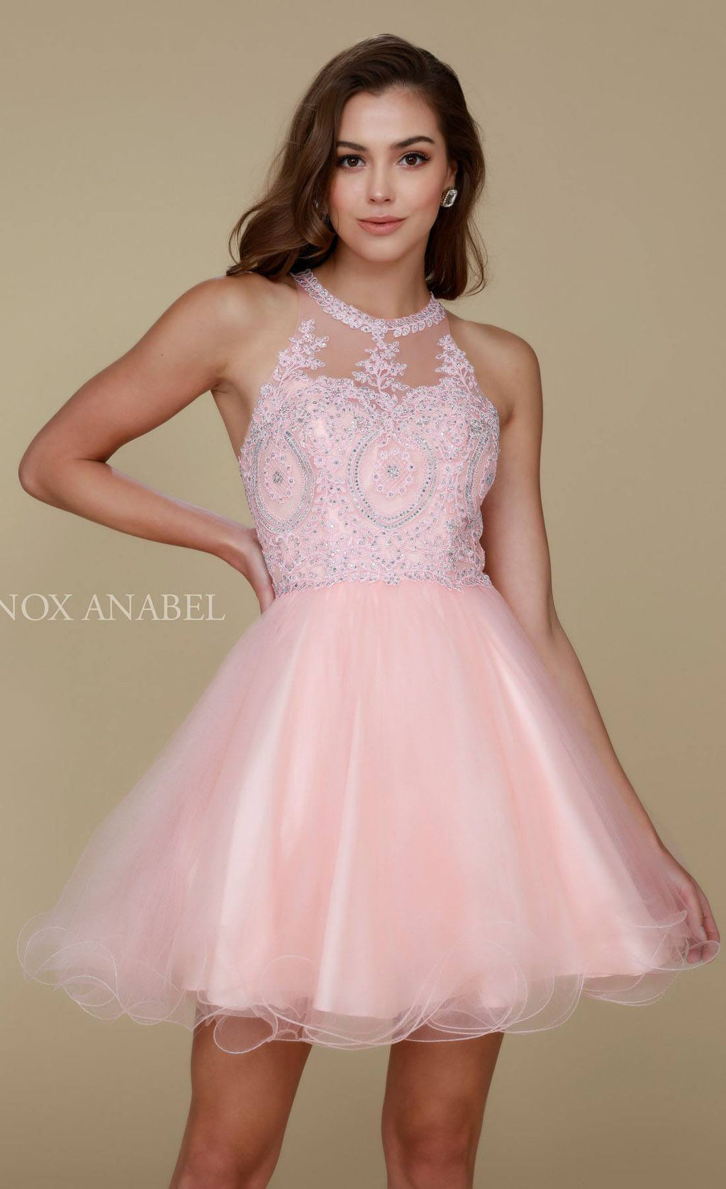 Short A-line tulle dress with beaded lace bodice and flared skirt, pale pink