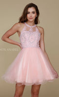 Blush short tulle A-line halter dress with lace bodice and embroidered circle detail