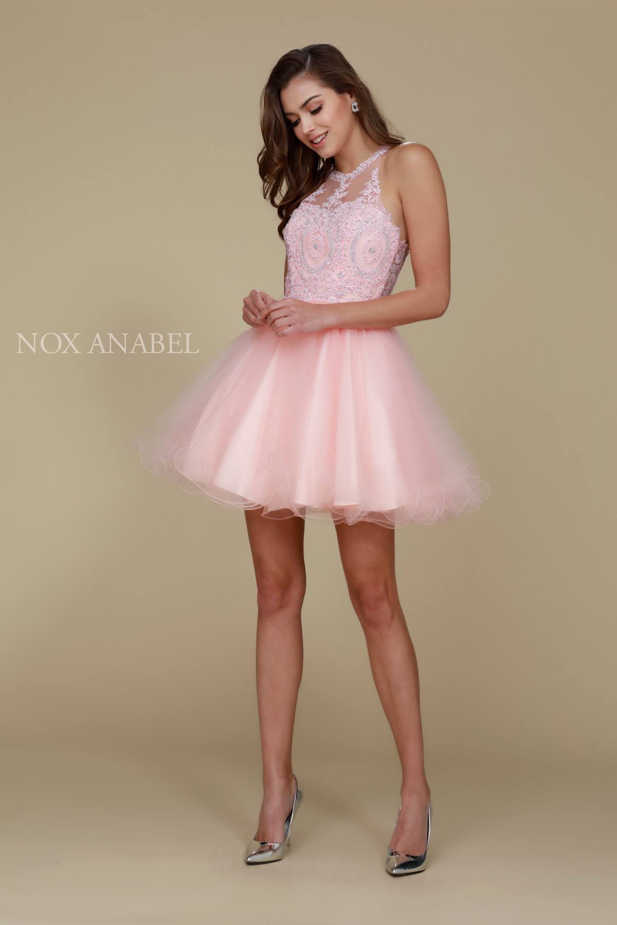 Blush short halter A-line tulle dress with ornate lace top and flared tulle skirt