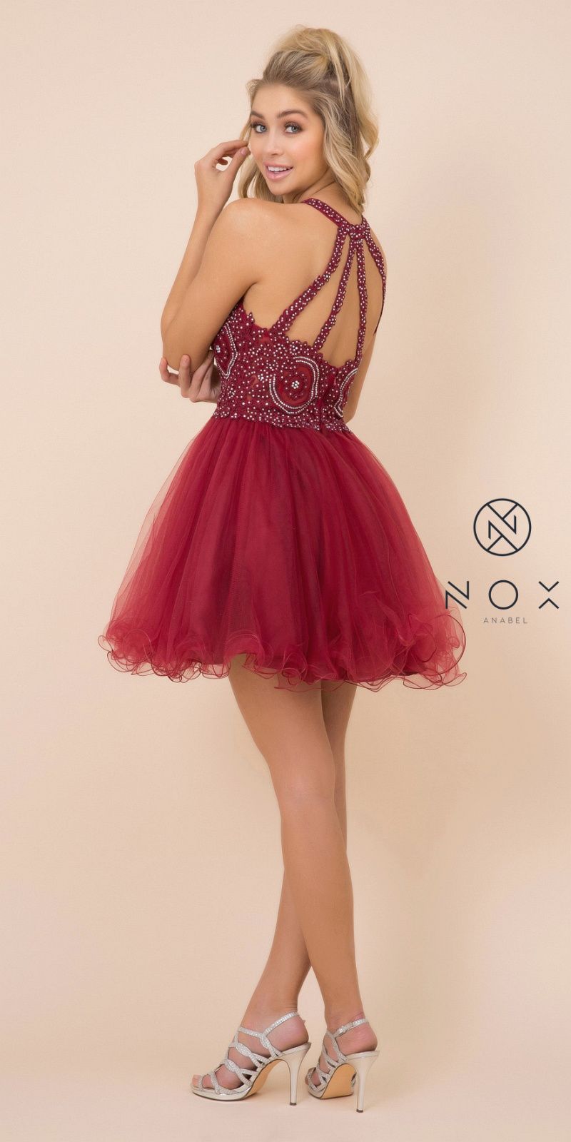 Burgundy tulle A-line short dress with beaded halter bodice and flared skirt