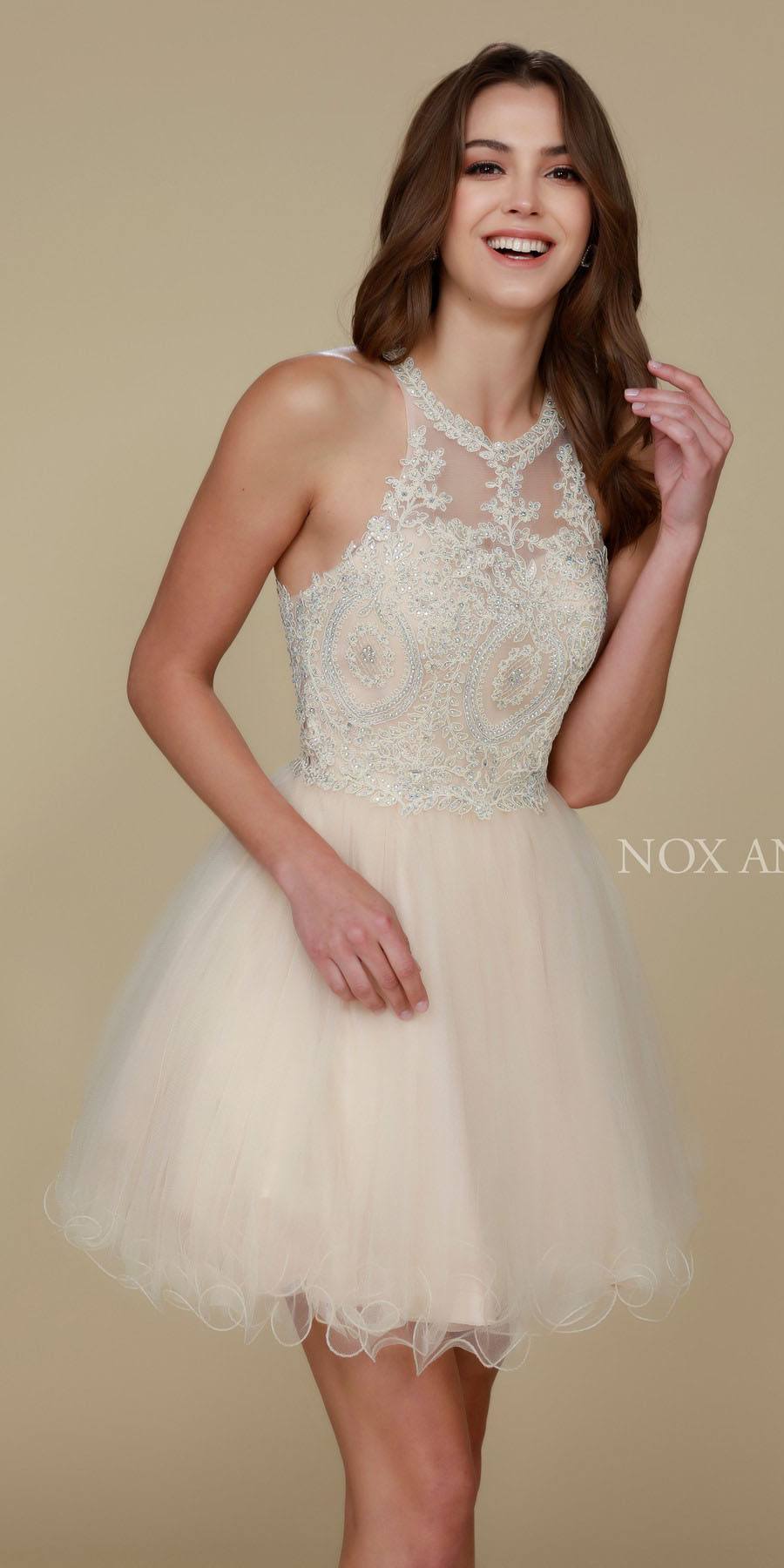 Ivory sleeveless short dress with lace bodice and layered tulle skirt.