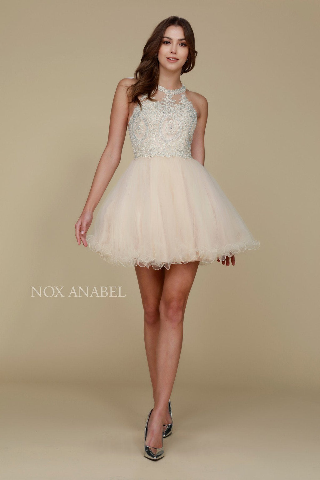 Short A-line tulle dress with beaded lace bodice and flared skirt, light cream