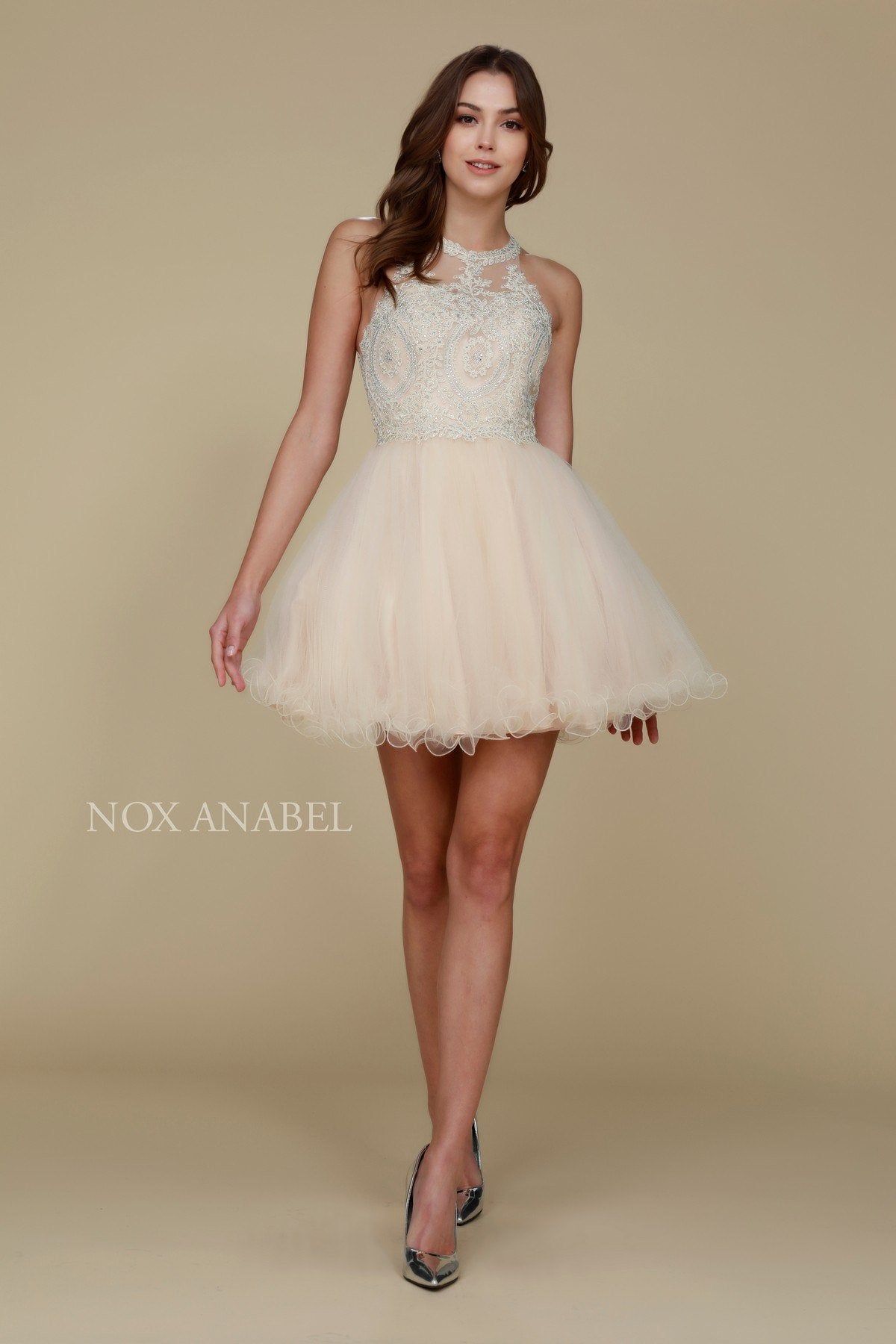 Short A-line tulle dress with beaded lace bodice and flared skirt, light cream