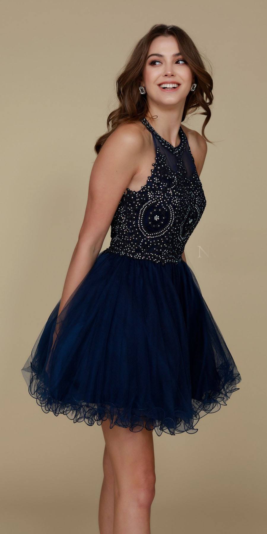 Navy blue tulle A-line short dress with beaded sleeveless bodice and short skirt