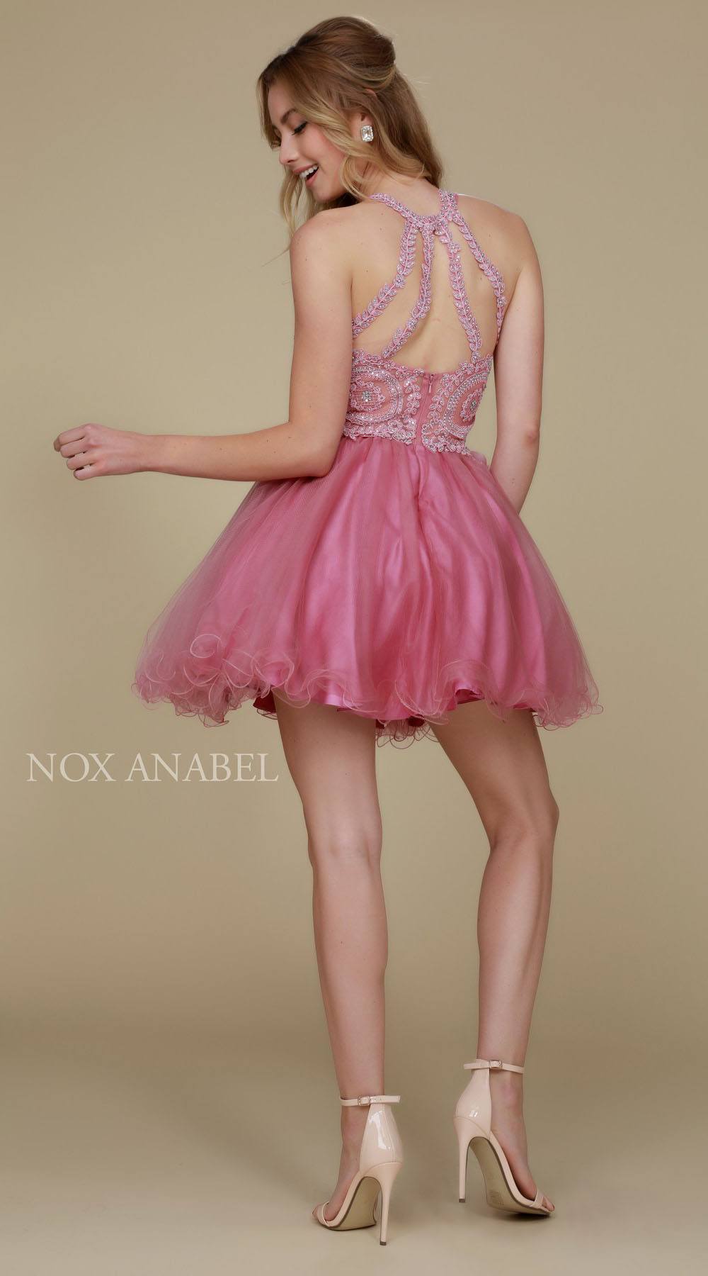 Back view short A-line tulle dress with beaded lace bodice and flared skirt, pink