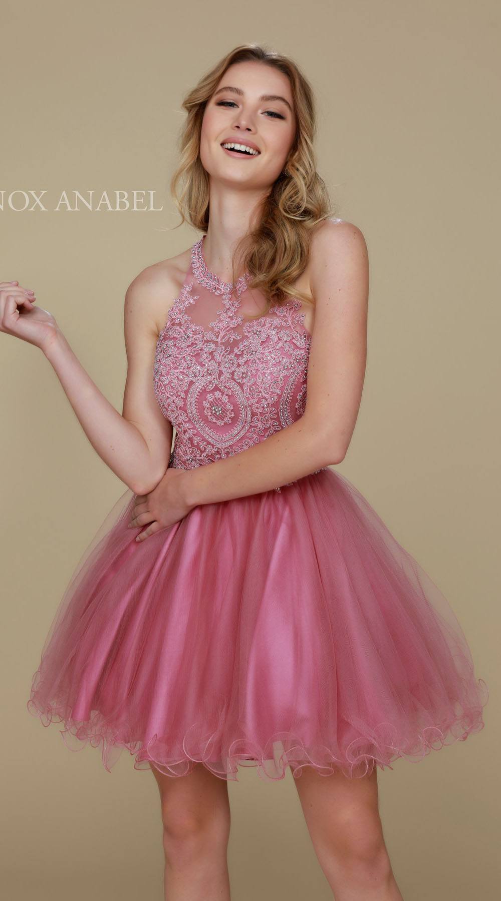 Short A-line tulle dress with sleeveless beaded bodice and flared skirt, pink
