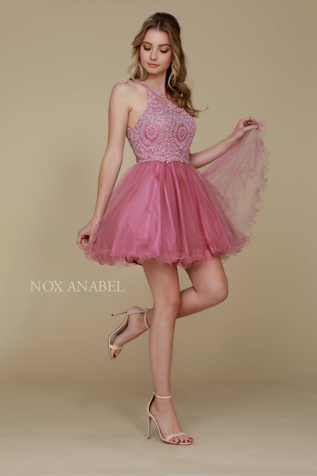 Blush short halter tulle A-line dress with embroidered lace bodice and layered skirt