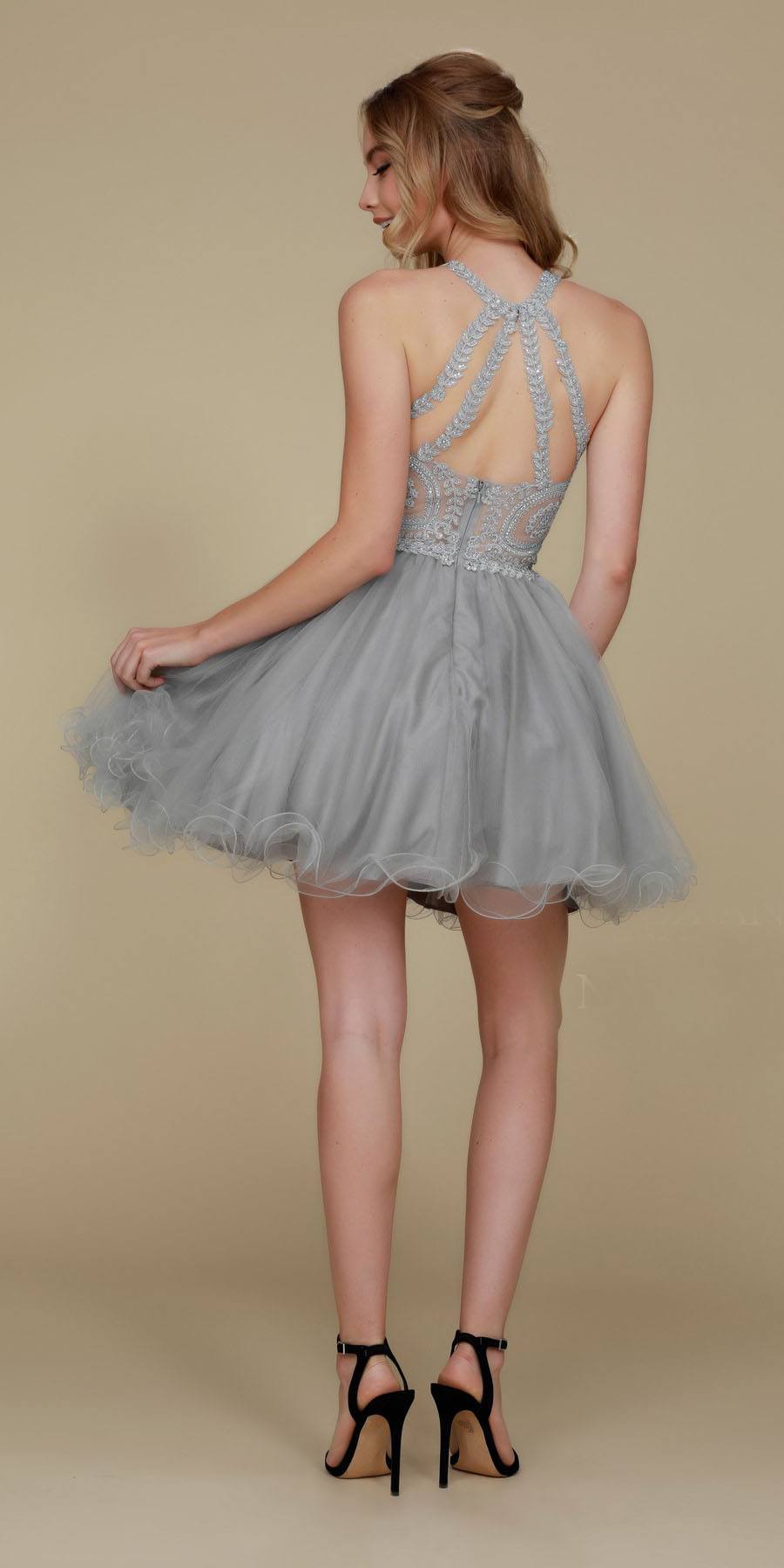 Back view of short tulle A-line halter dress with embroidered bodice and gray skirt