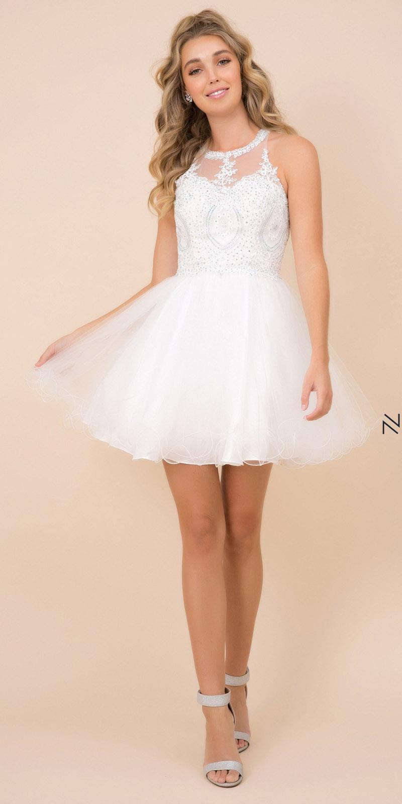 White lace tulle A-line short dress with beaded halter neckline