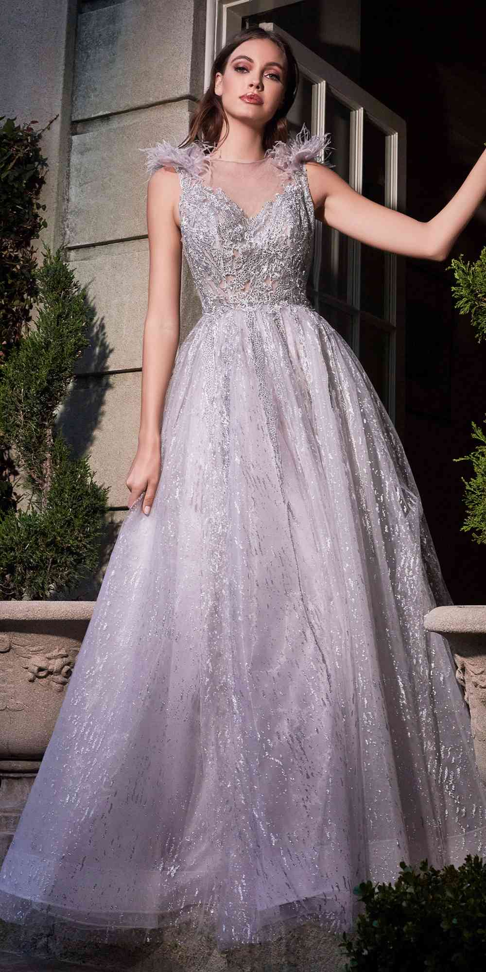 Silver-toned feather-shoulder tulle A-line ball gown with V-neck front and full skirt