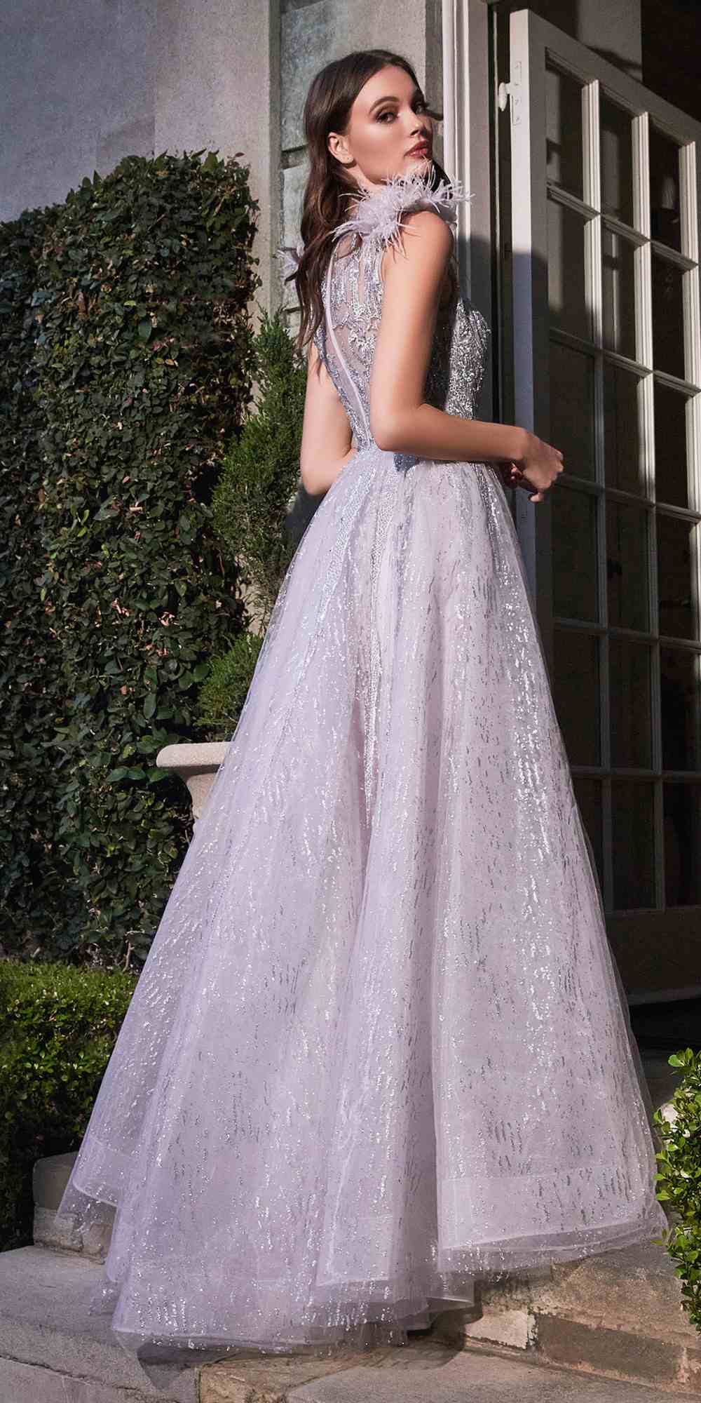 Silver-toned feather-shoulder tulle A-line ball gown with V-neck, side view