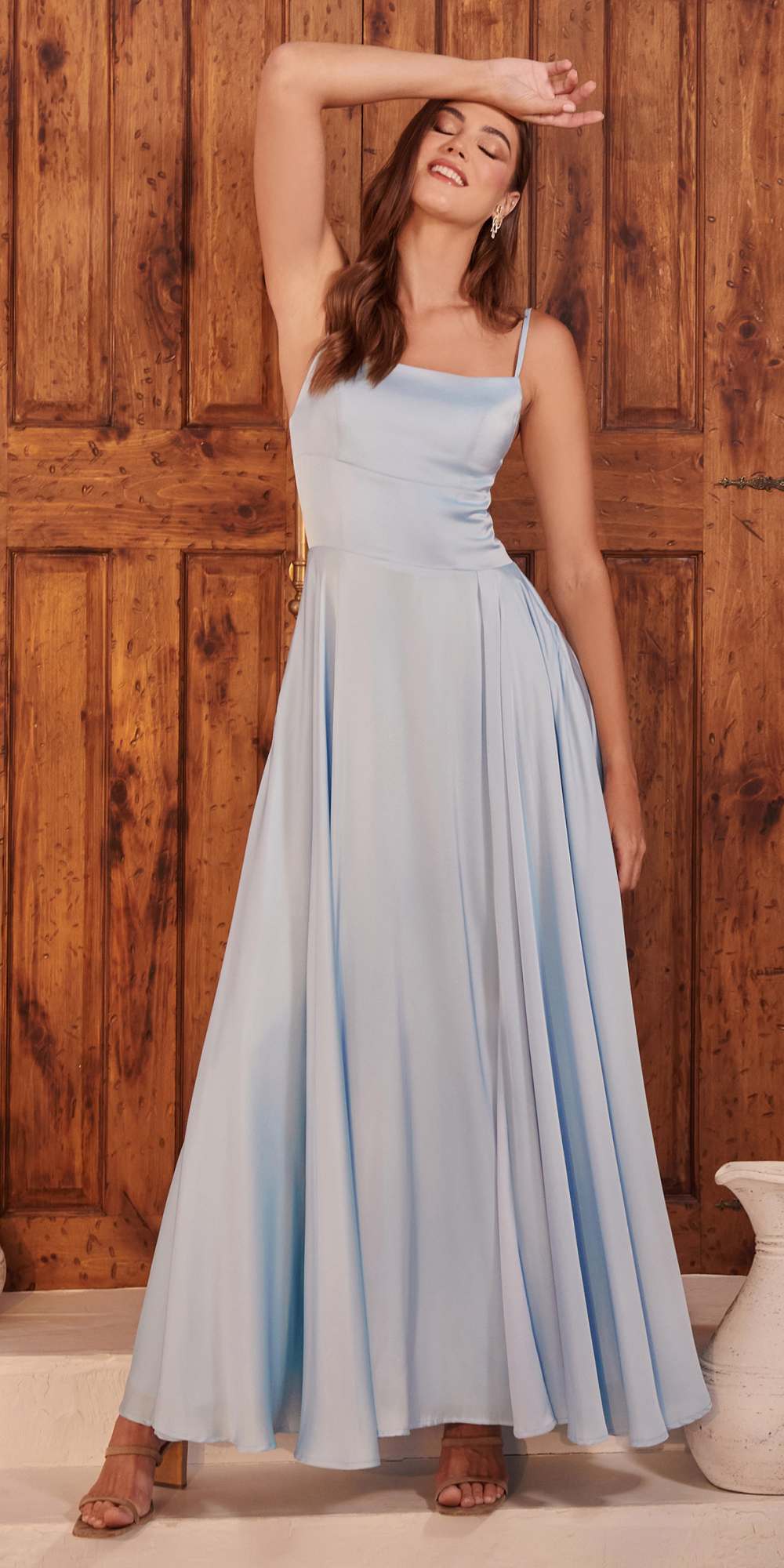 Satin A-line gown with square neck, spaghetti straps, and side slit, light blue